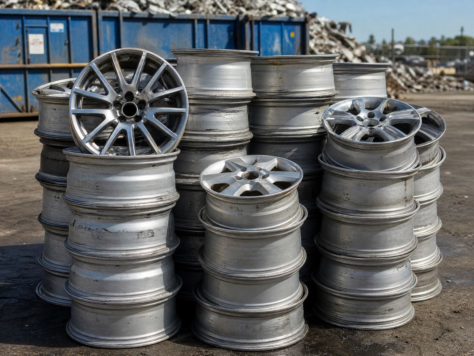 Stack of clean 356 aluminum alloy wheels at a recycling yard