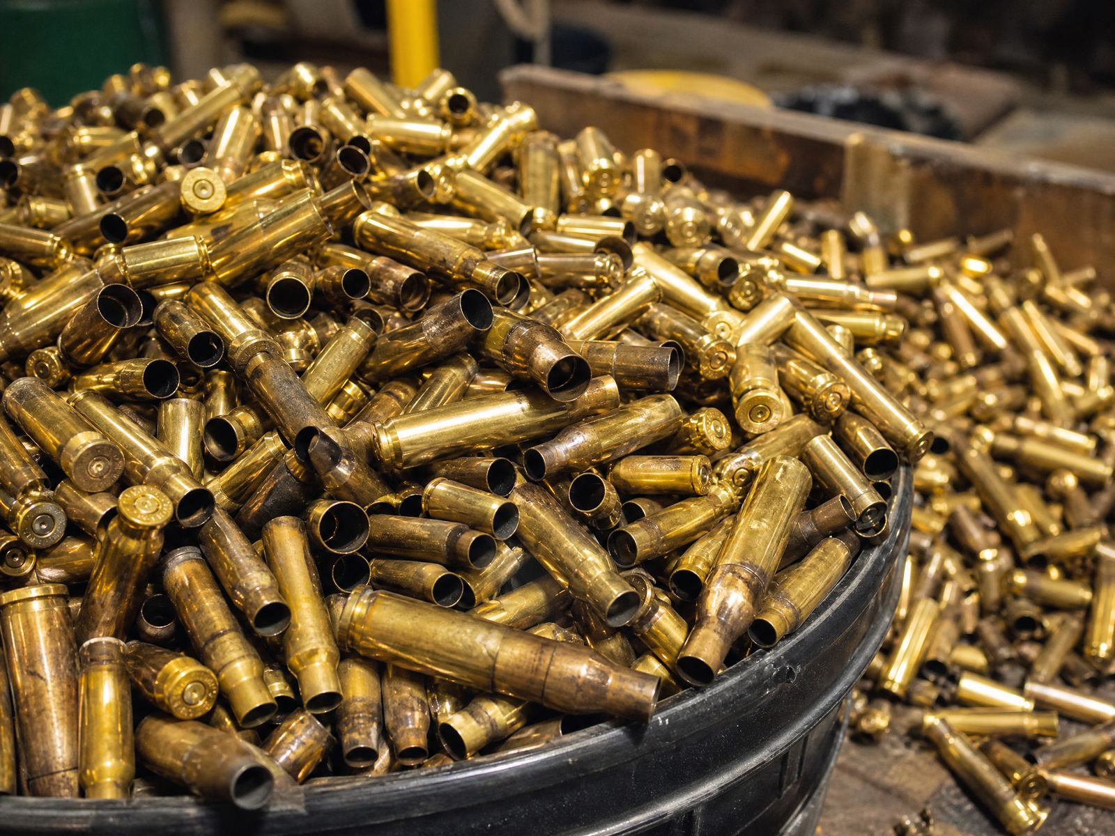 Bucket of empty once-fired brass gun shell casings for recycling