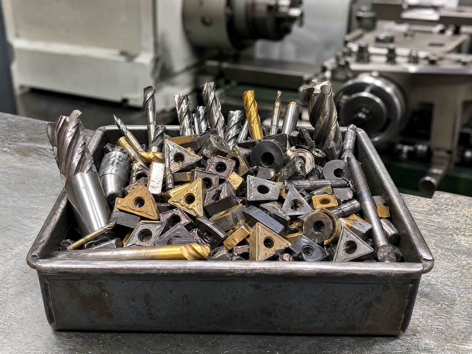 Scrap tungsten carbide inserts and end mills from a machine shop
