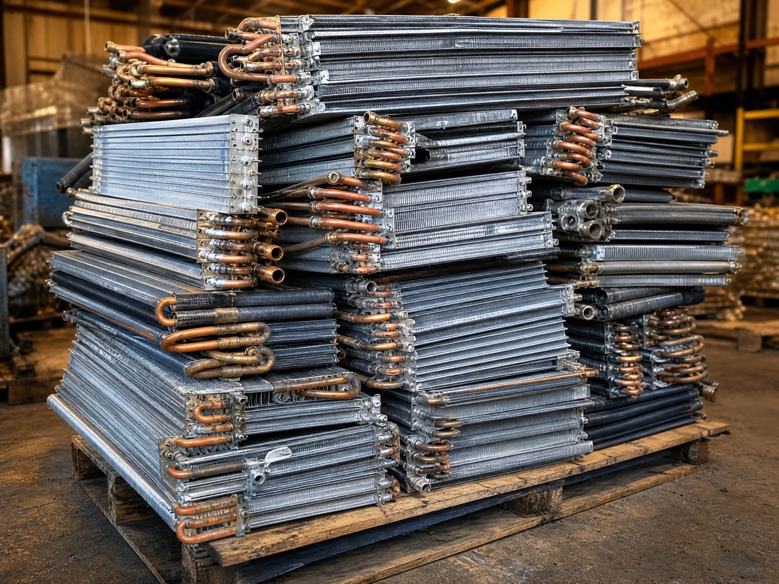 Aluminum-copper radiators and AC coils stacked for recycling