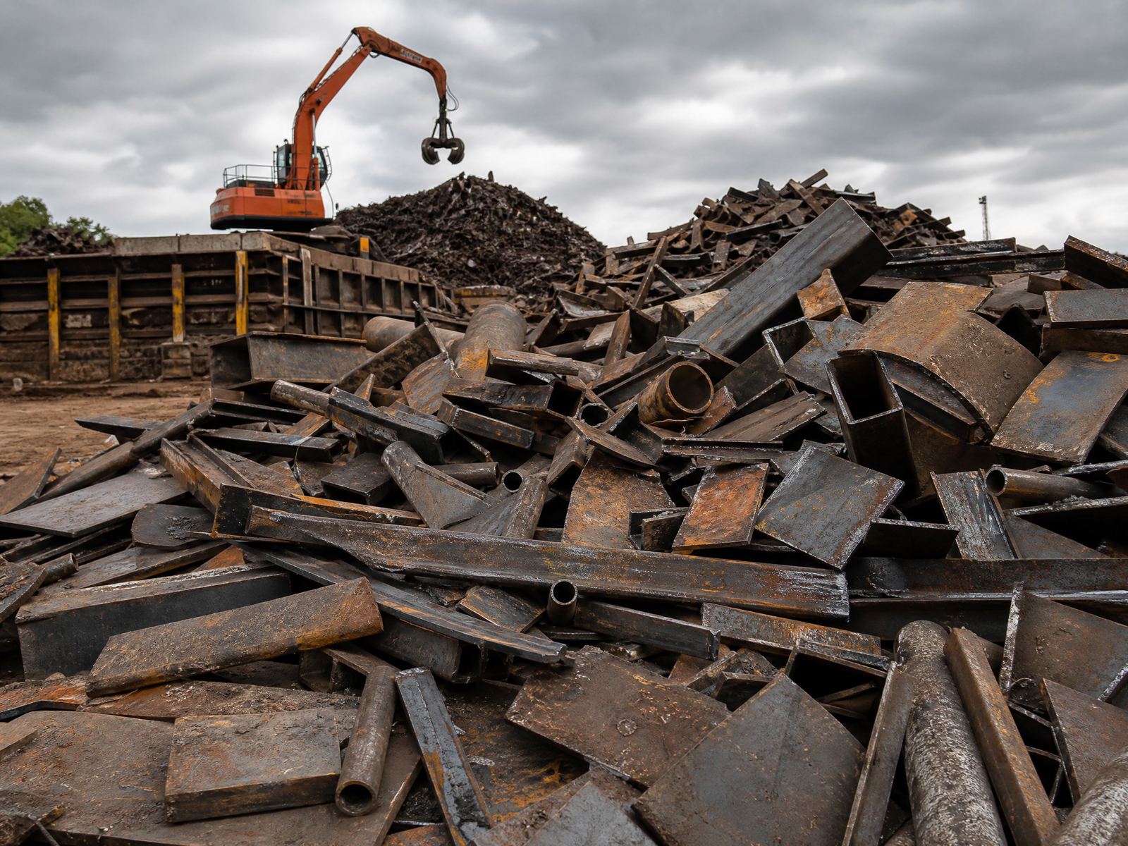 Prepared steel and iron scrap pile with excavator