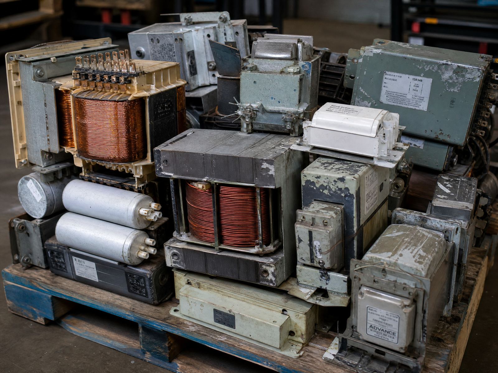 Copper-wound scrap transformers and ballasts on a pallet