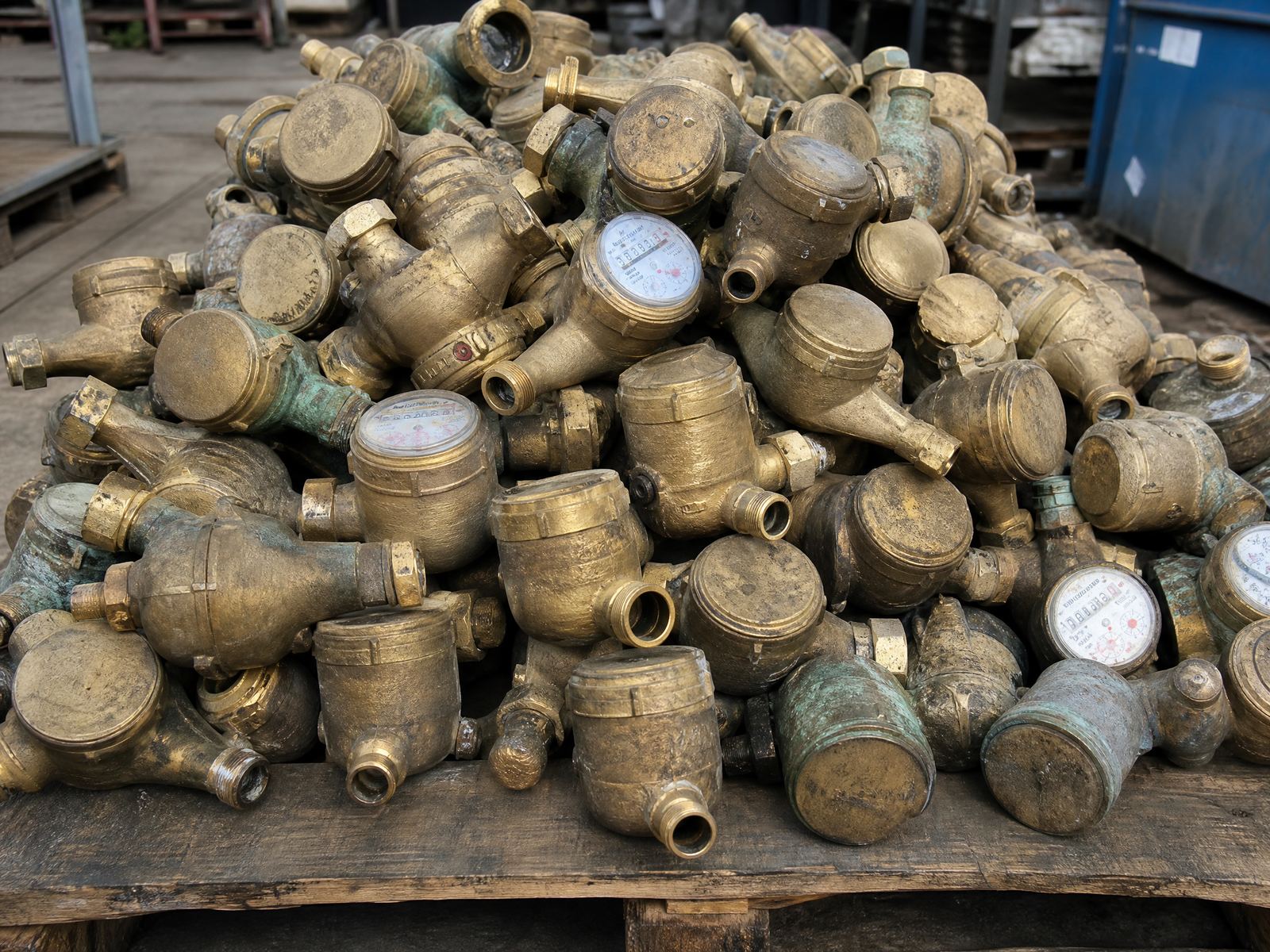 Pallet of decommissioned scrap brass water meters bought from a water utility