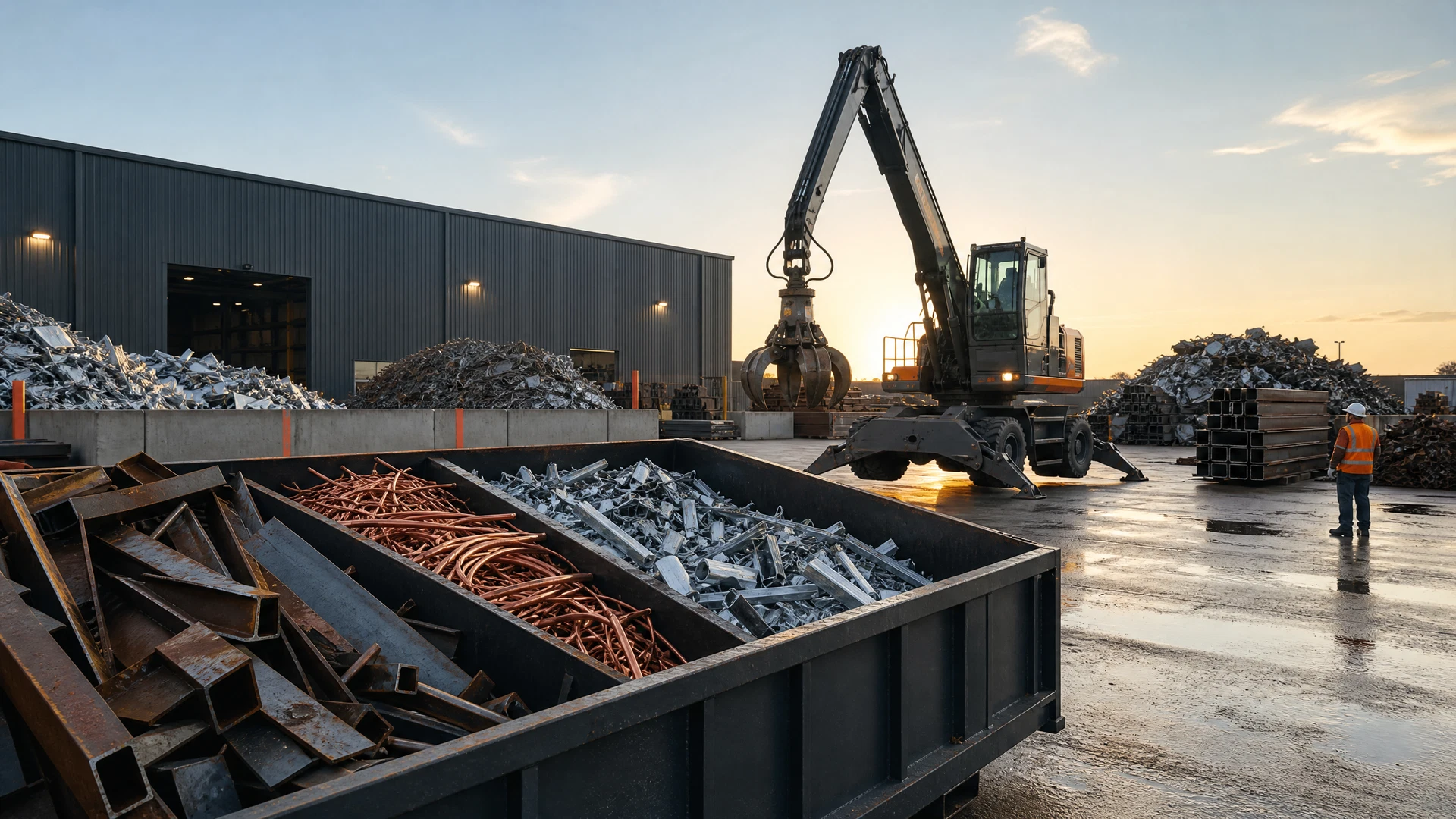 Organized industrial recycling yard with a roll-off container, sorted scrap metal, and material-handling equipment