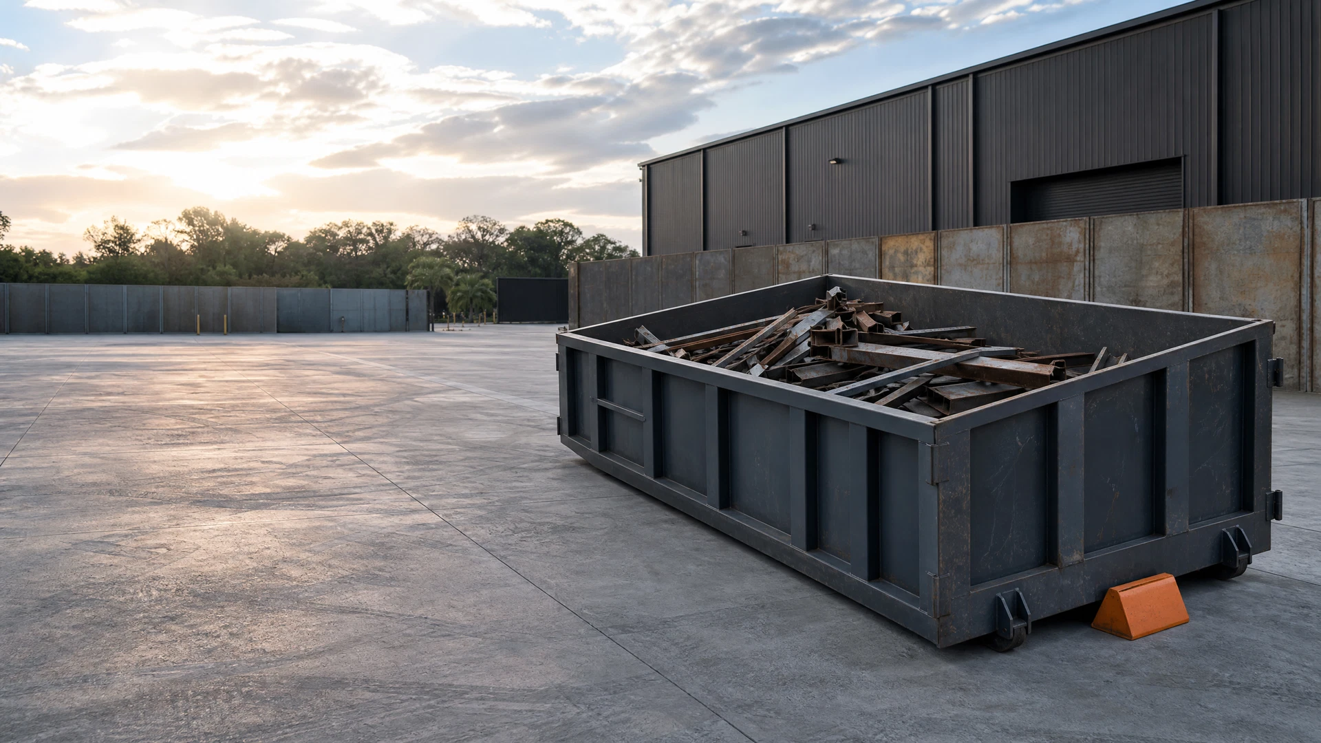 Roll-off container positioned for sorted industrial scrap metal
