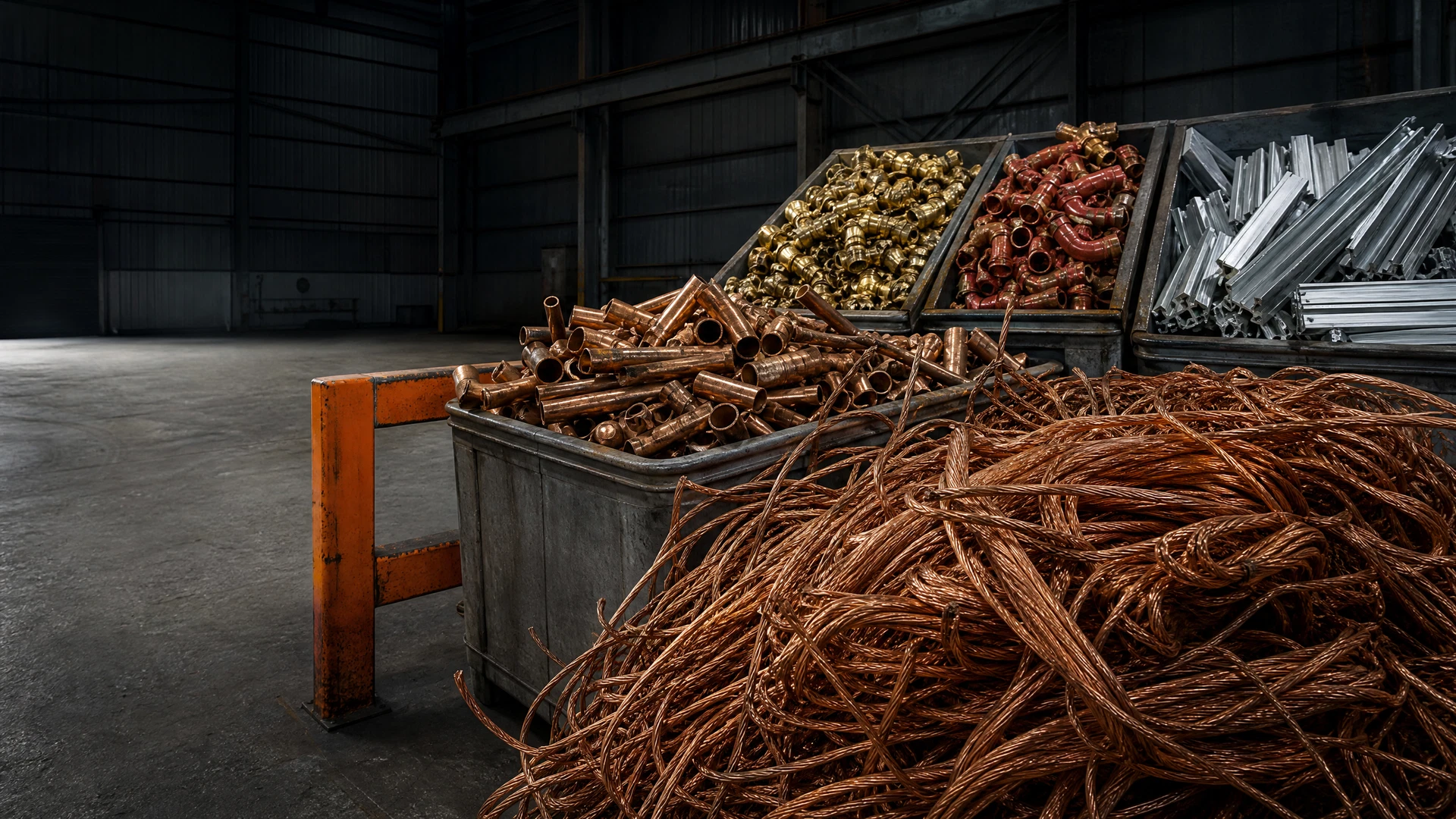 Sorted copper, brass, and aluminum prepared for commercial recycling