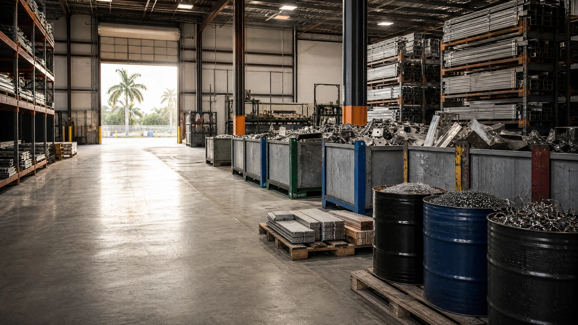 Organized commercial scrap metal staged inside an industrial warehouse